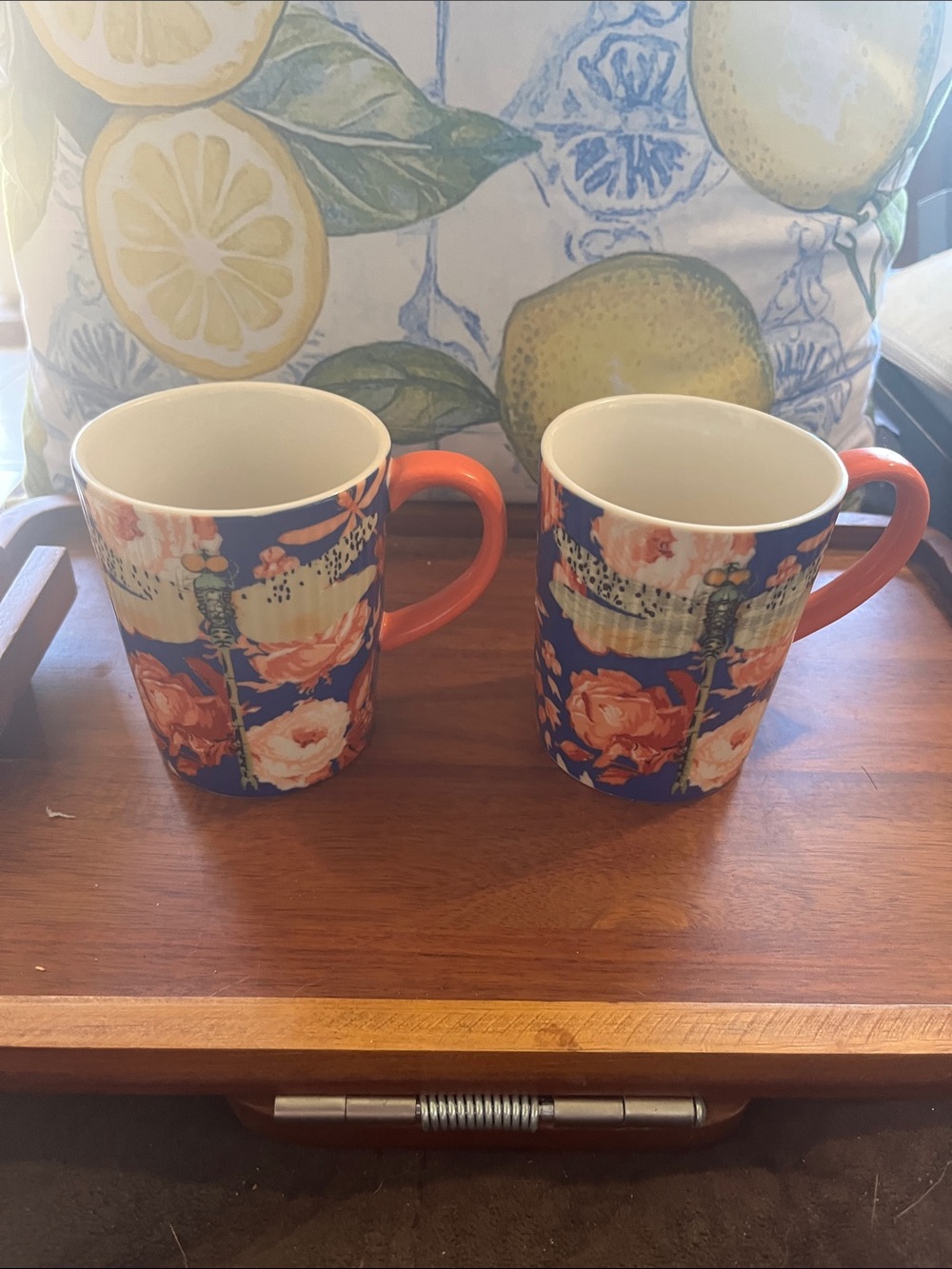 Rae Dunn Navy Floral Mugs with Coral Handles - Set of 2
